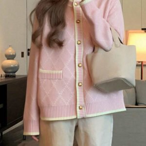Alicedudu كارديجان نسائي فضفاض بنقشة ماسية محبوكة بأسلوب كاجوال ريترو، للخريف والشتاء