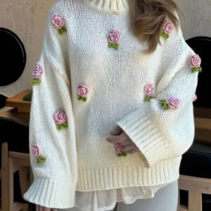 كنزة نسائية كاجوال لطيفة من Just Masa للخريف، مطرزة بزهور ثلاثية الأبعاد، أكمام طويلة، فضفاضة، ستايل حلو، بيضاء، بول أوفر