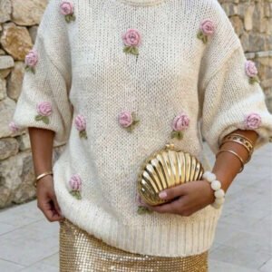 كنزة نسائية كاجوال لطيفة من Just Masa للخريف، مطرزة بزهور ثلاثية الأبعاد، أكمام طويلة، فضفاضة، ستايل حلو، بيضاء، بول أوفر