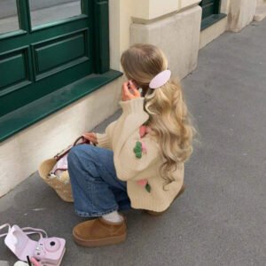 كارديجان نسائي من سينيا محبوك بنقشة زهور ثلاثية الأبعاد، سويتر فضفاض بياقة V وأزرار أمامية، ستايل حلو للخريف