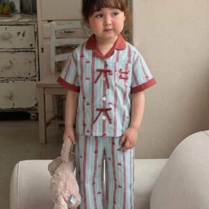 Dazy Kids بيجامة أطفال بنات بياقة مخططة وأكمام طويلة للصيف