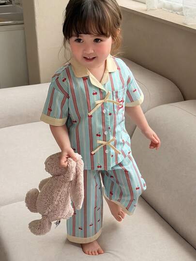 Dazy Kids بيجامة أطفال بنات بياقة مخططة وأكمام طويلة للصيف