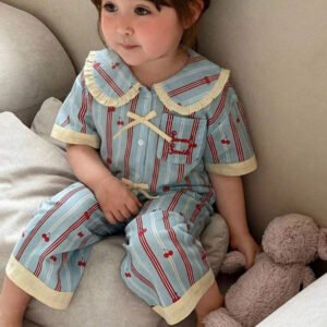 Dazy Kids بيجامة أطفال بنات بياقة مخططة وأكمام طويلة للصيف