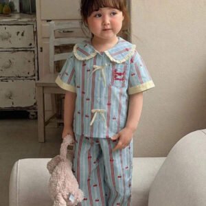 Dazy Kids بيجامة أطفال بنات بياقة مخططة وأكمام طويلة للصيف
