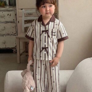 Dazy Kids بيجامة أطفال بنات بياقة مخططة وأكمام طويلة للصيف
