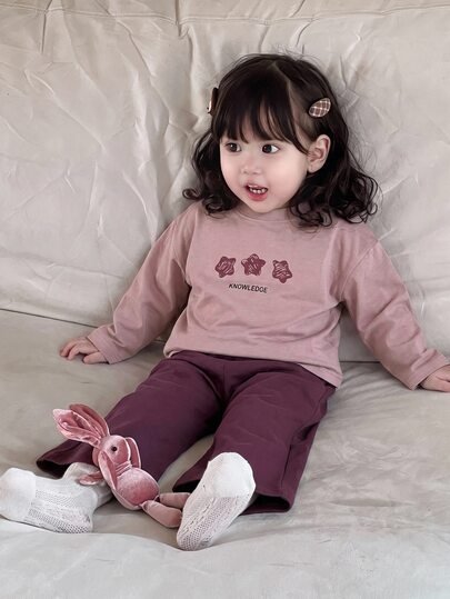 Dazy Kids طقم ملابس منزلية للخريف للبنات الرضع من قطعتين: تي شيرت كاجوال برقبة دائرية وطبعة كرتونية + بنطال طويل كاجوال بلون سادة