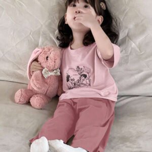 Dazy Kids طقم ملابس منزلية للخريف للبنات الرضع من قطعتين: تي شيرت كاجوال برقبة دائرية وطبعة كرتونية + بنطال طويل كاجوال بلون سادة