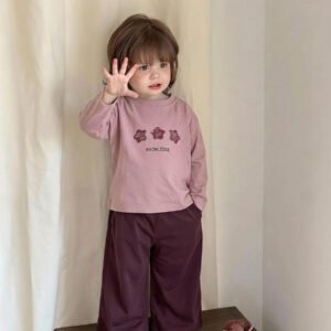 Dazy Kids طقم ملابس منزلية للخريف للبنات الرضع من قطعتين: تي شيرت كاجوال برقبة دائرية وطبعة كرتونية + بنطال طويل كاجوال بلون سادة