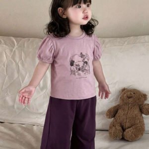 Dazy Kids طقم ملابس منزلية للخريف للبنات الرضع من قطعتين: تي شيرت كاجوال برقبة دائرية وطبعة كرتونية + بنطال طويل كاجوال بلون سادة