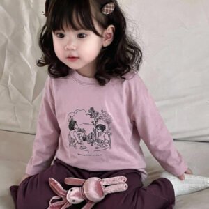 Dazy Kids طقم ملابس منزلية للخريف للبنات الرضع من قطعتين: تي شيرت كاجوال برقبة دائرية وطبعة كرتونية + بنطال طويل كاجوال بلون سادة
