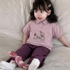 Dazy Kids طقم ملابس منزلية للخريف للبنات الرضع من قطعتين: تي شيرت كاجوال برقبة دائرية وطبعة كرتونية + بنطال طويل كاجوال بلون سادة