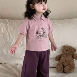 Dazy Kids طقم ملابس منزلية للخريف للبنات الرضع من قطعتين: تي شيرت كاجوال برقبة دائرية وطبعة كرتونية + بنطال طويل كاجوال بلون سادة