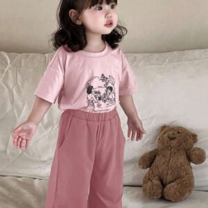 Dazy Kids طقم ملابس منزلية للخريف للبنات الرضع من قطعتين: تي شيرت كاجوال برقبة دائرية وطبعة كرتونية + بنطال طويل كاجوال بلون سادة