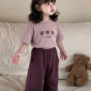 Dazy Kids طقم ملابس منزلية للخريف للبنات الرضع من قطعتين: تي شيرت كاجوال برقبة دائرية وطبعة كرتونية + بنطال طويل كاجوال بلون سادة