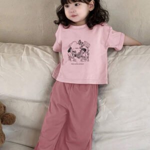 Dazy Kids طقم ملابس منزلية للخريف للبنات الرضع من قطعتين: تي شيرت كاجوال برقبة دائرية وطبعة كرتونية + بنطال طويل كاجوال بلون سادة
