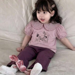 Dazy Kids طقم ملابس منزلية للخريف للبنات الرضع من قطعتين: تي شيرت كاجوال برقبة دائرية وطبعة كرتونية + بنطال طويل كاجوال بلون سادة