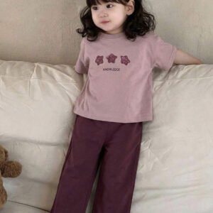 Dazy Kids طقم ملابس منزلية للخريف للبنات الرضع من قطعتين: تي شيرت كاجوال برقبة دائرية وطبعة كرتونية + بنطال طويل كاجوال بلون سادة