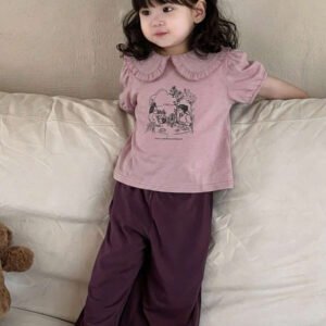 Dazy Kids طقم ملابس منزلية للخريف للبنات الرضع من قطعتين: تي شيرت كاجوال برقبة دائرية وطبعة كرتونية + بنطال طويل كاجوال بلون سادة