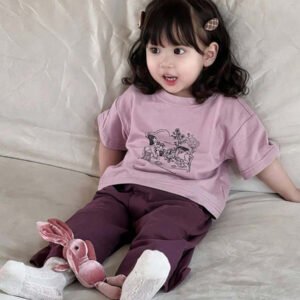 Dazy Kids طقم ملابس منزلية للخريف للبنات الرضع من قطعتين: تي شيرت كاجوال برقبة دائرية وطبعة كرتونية + بنطال طويل كاجوال بلون سادة