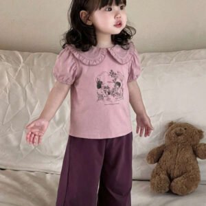 Dazy Kids طقم ملابس منزلية للخريف للبنات الرضع من قطعتين: تي شيرت كاجوال برقبة دائرية وطبعة كرتونية + بنطال طويل كاجوال بلون سادة