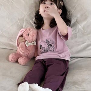 Dazy Kids طقم ملابس منزلية للخريف للبنات الرضع من قطعتين: تي شيرت كاجوال برقبة دائرية وطبعة كرتونية + بنطال طويل كاجوال بلون سادة