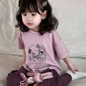 Dazy Kids طقم ملابس منزلية للخريف للبنات الرضع من قطعتين: تي شيرت كاجوال برقبة دائرية وطبعة كرتونية + بنطال طويل كاجوال بلون سادة
