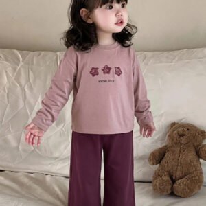 Dazy Kids طقم ملابس منزلية للخريف للبنات الرضع من قطعتين: تي شيرت كاجوال برقبة دائرية وطبعة كرتونية + بنطال طويل كاجوال بلون سادة