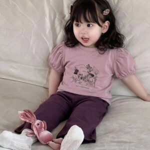 Dazy Kids طقم ملابس منزلية للخريف للبنات الرضع من قطعتين: تي شيرت كاجوال برقبة دائرية وطبعة كرتونية + بنطال طويل كاجوال بلون سادة