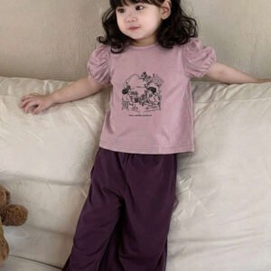Dazy Kids طقم ملابس منزلية للخريف للبنات الرضع من قطعتين: تي شيرت كاجوال برقبة دائرية وطبعة كرتونية + بنطال طويل كاجوال بلون سادة