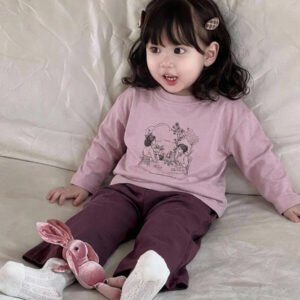 Dazy Kids طقم ملابس منزلية للخريف للبنات الرضع من قطعتين: تي شيرت كاجوال برقبة دائرية وطبعة كرتونية + بنطال طويل كاجوال بلون سادة