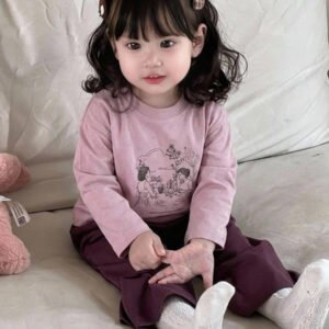 Dazy Kids طقم ملابس منزلية للخريف للبنات الرضع من قطعتين: تي شيرت كاجوال برقبة دائرية وطبعة كرتونية + بنطال طويل كاجوال بلون سادة