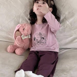 Dazy Kids طقم ملابس منزلية للخريف للبنات الرضع من قطعتين: تي شيرت كاجوال برقبة دائرية وطبعة كرتونية + بنطال طويل كاجوال بلون سادة