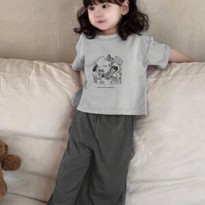 Dazy Kids طقم ملابس منزلية للخريف للبنات الرضع من قطعتين: تي شيرت كاجوال برقبة دائرية وطبعة كرتونية + بنطال طويل كاجوال بلون سادة