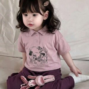 Dazy Kids طقم ملابس منزلية للخريف للبنات الرضع من قطعتين: تي شيرت كاجوال برقبة دائرية وطبعة كرتونية + بنطال طويل كاجوال بلون سادة