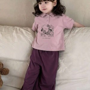Dazy Kids طقم ملابس منزلية للخريف للبنات الرضع من قطعتين: تي شيرت كاجوال برقبة دائرية وطبعة كرتونية + بنطال طويل كاجوال بلون سادة