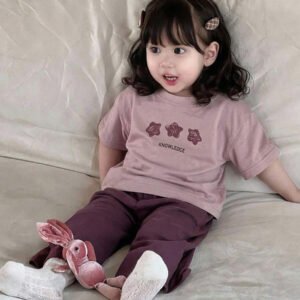 Dazy Kids طقم ملابس منزلية للخريف للبنات الرضع من قطعتين: تي شيرت كاجوال برقبة دائرية وطبعة كرتونية + بنطال طويل كاجوال بلون سادة