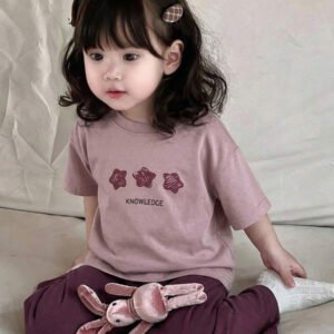 Dazy Kids طقم ملابس منزلية للخريف للبنات الرضع من قطعتين: تي شيرت كاجوال برقبة دائرية وطبعة كرتونية + بنطال طويل كاجوال بلون سادة