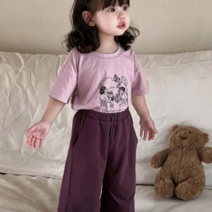 Dazy Kids طقم ملابس منزلية للخريف للبنات الرضع من قطعتين: تي شيرت كاجوال برقبة دائرية وطبعة كرتونية + بنطال طويل كاجوال بلون سادة