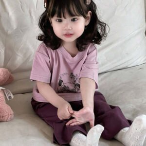 Dazy Kids طقم ملابس منزلية للخريف للبنات الرضع من قطعتين: تي شيرت كاجوال برقبة دائرية وطبعة كرتونية + بنطال طويل كاجوال بلون سادة