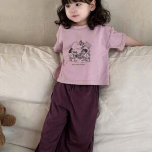 Dazy Kids طقم ملابس منزلية للخريف للبنات الرضع من قطعتين: تي شيرت كاجوال برقبة دائرية وطبعة كرتونية + بنطال طويل كاجوال بلون سادة