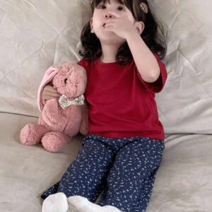 Dazy Kids طقم ملابس منزلية للخريف للبنات الرضع من قطعتين: تي شيرت كاجوال برقبة دائرية وطبعة كرتونية + بنطال طويل كاجوال بلون سادة