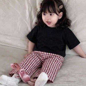 Dazy Kids طقم ملابس منزلية للخريف للبنات الرضع من قطعتين: تي شيرت كاجوال برقبة دائرية وطبعة كرتونية + بنطال طويل كاجوال بلون سادة