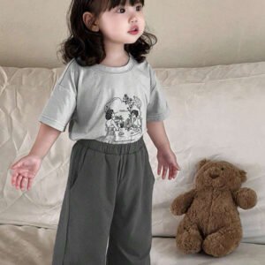 Dazy Kids طقم ملابس منزلية للخريف للبنات الرضع من قطعتين: تي شيرت كاجوال برقبة دائرية وطبعة كرتونية + بنطال طويل كاجوال بلون سادة