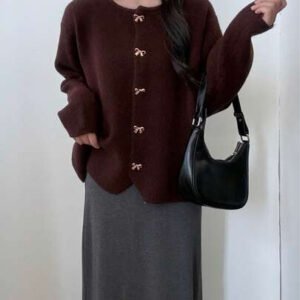 ملابس علوية نسائية كاجوال فضفاضة بأكمام طويلة مزينة بفيونكة، للارتداء اليومي، لون بني، خريف