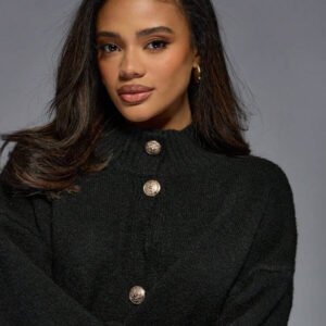 MISSGUIDED كارديجان علوي برقبة مرتفعة فاخر محبوك مع أزرار وأكسسوارات ذهبية من المصمم، أكمام بالون ،كنزة صوفية شتوية دافئة كبيرة الحجم، موضة ملابس خارجية