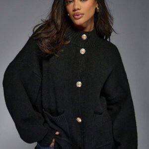 MISSGUIDED كارديجان علوي برقبة مرتفعة فاخر محبوك مع أزرار وأكسسوارات ذهبية من المصمم، أكمام بالون ،كنزة صوفية شتوية دافئة كبيرة الحجم، موضة ملابس خارجية