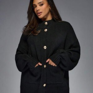 MISSGUIDED كارديجان علوي برقبة مرتفعة فاخر محبوك مع أزرار وأكسسوارات ذهبية من المصمم، أكمام بالون ،كنزة صوفية شتوية دافئة كبيرة الحجم، موضة ملابس خارجية