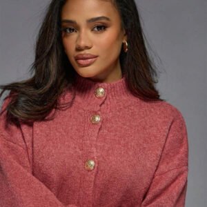 MISSGUIDED كارديجان علوي برقبة مرتفعة فاخر محبوك مع أزرار وأكسسوارات ذهبية من المصمم، أكمام بالون ،كنزة صوفية شتوية دافئة كبيرة الحجم، موضة ملابس خارجية