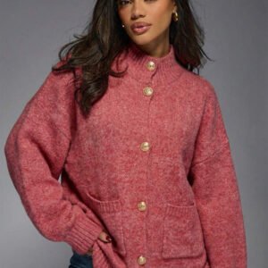MISSGUIDED كارديجان علوي برقبة مرتفعة فاخر محبوك مع أزرار وأكسسوارات ذهبية من المصمم، أكمام بالون ،كنزة صوفية شتوية دافئة كبيرة الحجم، موضة ملابس خارجية