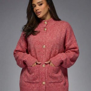 MISSGUIDED كارديجان علوي برقبة مرتفعة فاخر محبوك مع أزرار وأكسسوارات ذهبية من المصمم، أكمام بالون ،كنزة صوفية شتوية دافئة كبيرة الحجم، موضة ملابس خارجية